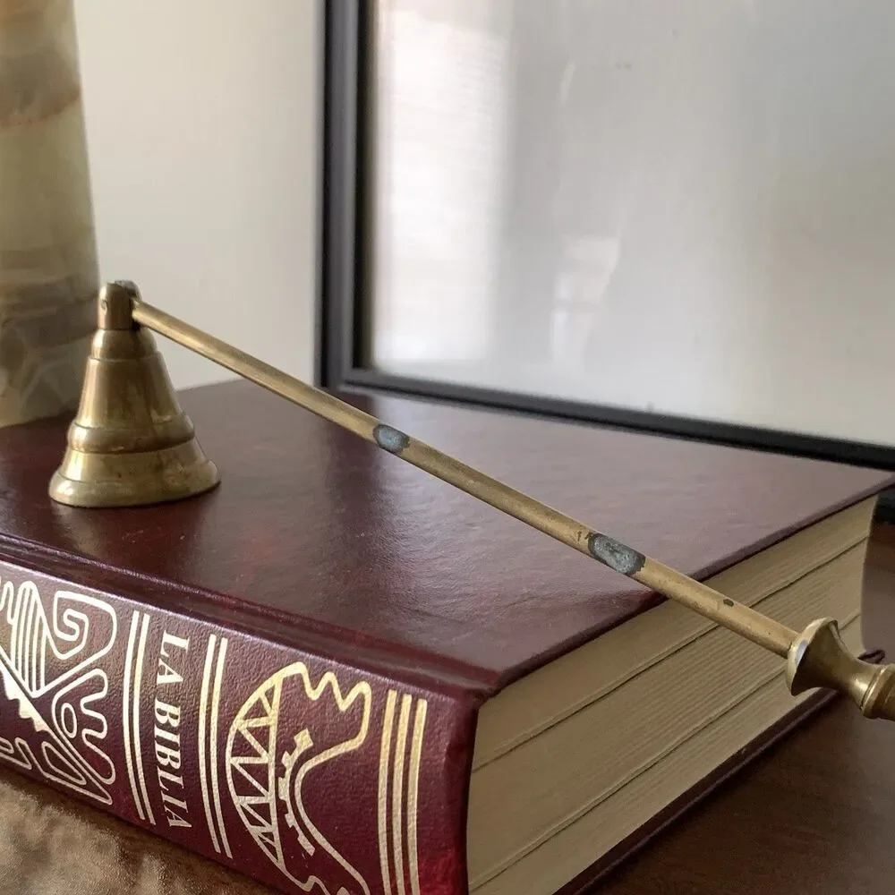 Antique Brass Bell Hinge Candle Snuffer Wooden Handle Patina Vintage Unique 13”